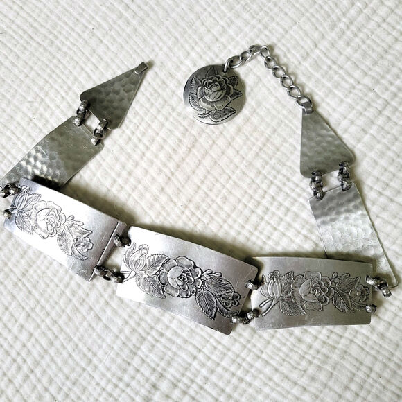 Other Accessories - Vintage Floral Aluminum Chain Belt Floral Roses Pattern Hammered Metal Boho
